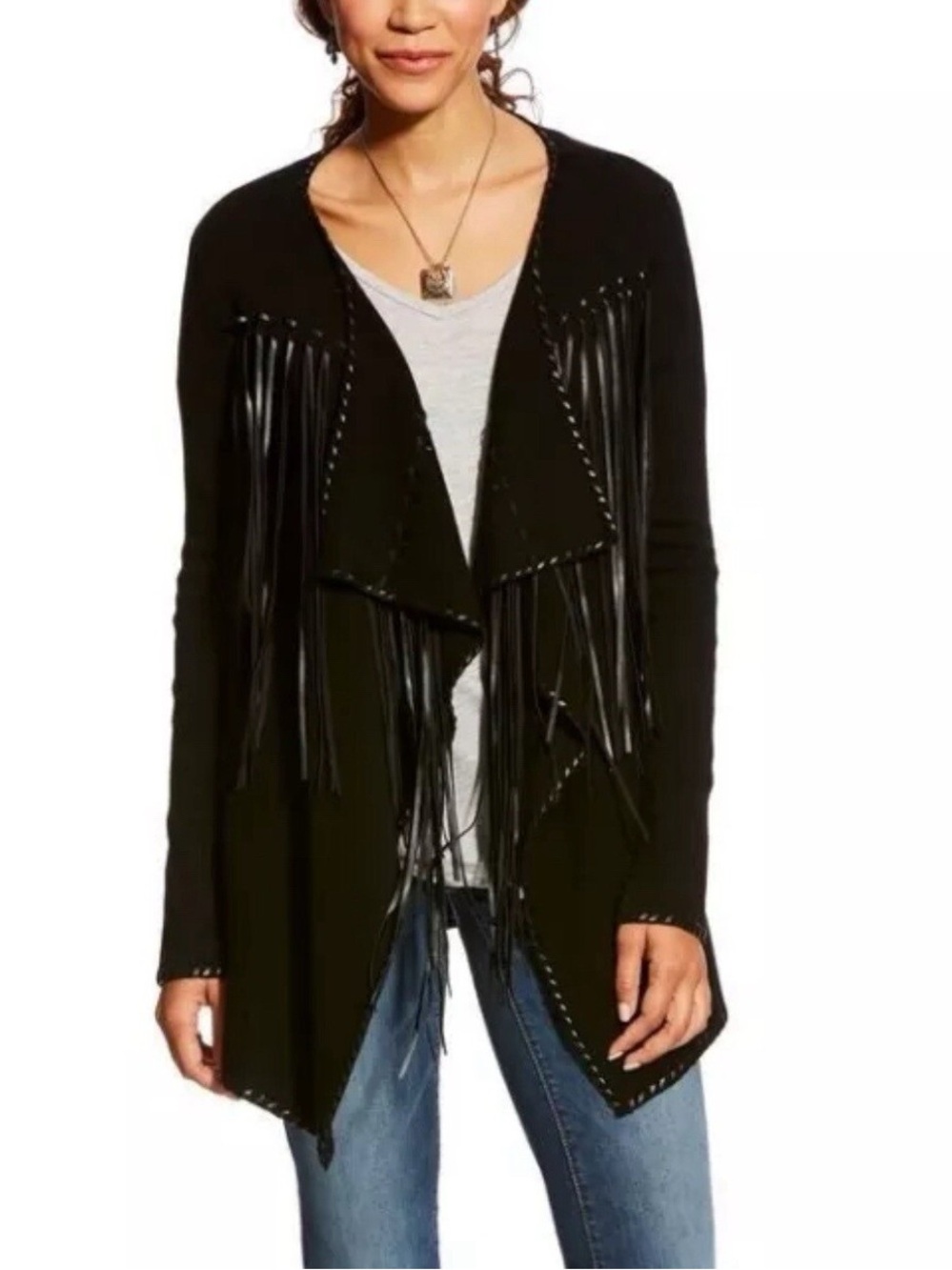 Ariat Trenton Faux Leather Fringe Open Cardigan Sweater